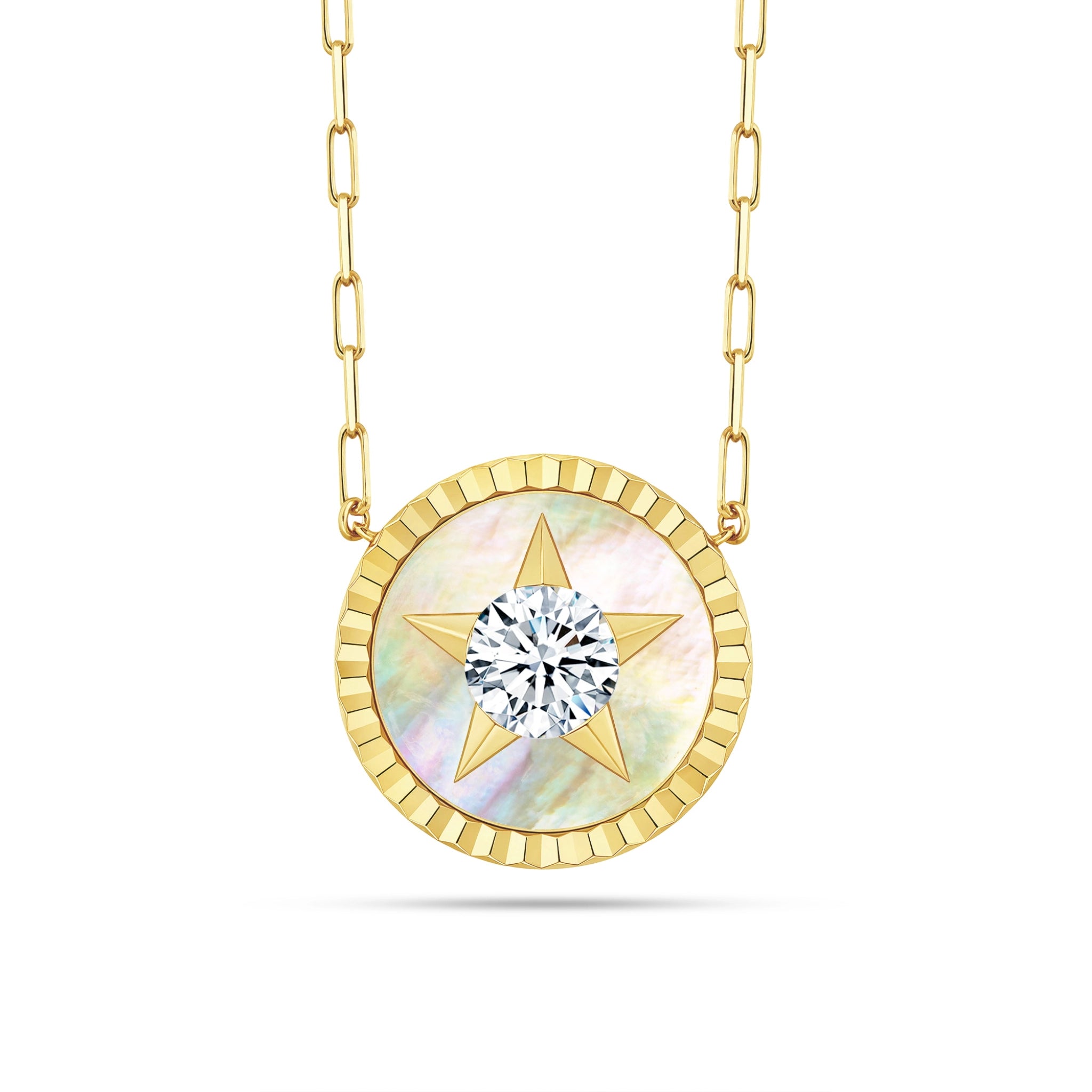 Front view of the J'ENCHANTE LUCK reversible star necklace in 18K gold, featuring a radiant mother-of-pearl star inlay with a brilliant 0.2ct diamond center, symbolizing luck and guidance.