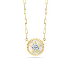 Front view of the J'ENCHANTE LUCK reversible star medallion necklace in 18K gold, featuring a 0.2ct diamond set within a radiant mother-of-pearl star, symbolizing guidance and hope on a modern gold paperclip chain.