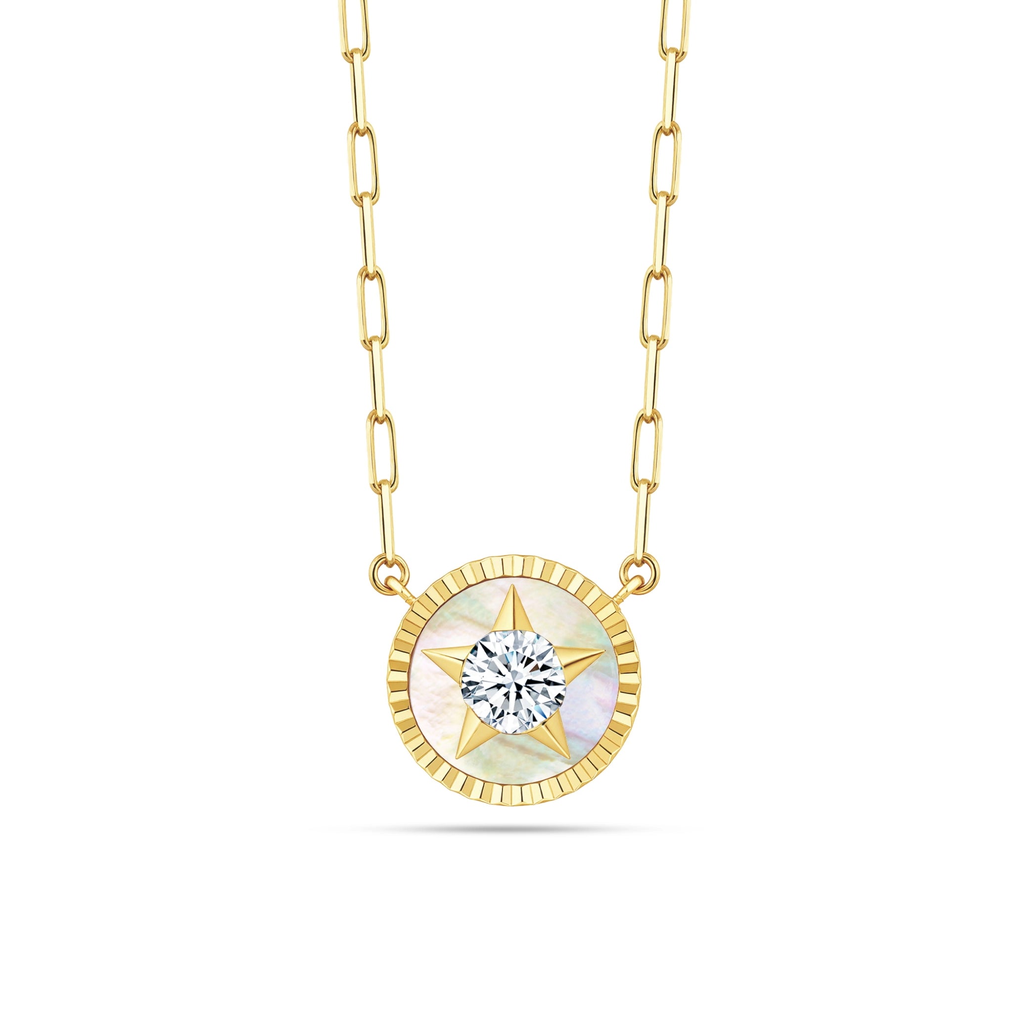 Front view of the J'ENCHANTE LUCK reversible star medallion necklace in 18K gold, featuring a 0.2ct diamond set within a radiant mother-of-pearl star, symbolizing guidance and hope on a modern gold paperclip chain.