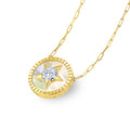 tylized view of the J'ENCHANTE LUCK star diamond medallion on a modern 18K gold paperclip chain, demonstrating how this versatile piece elevates both everyday professional and evening attire.