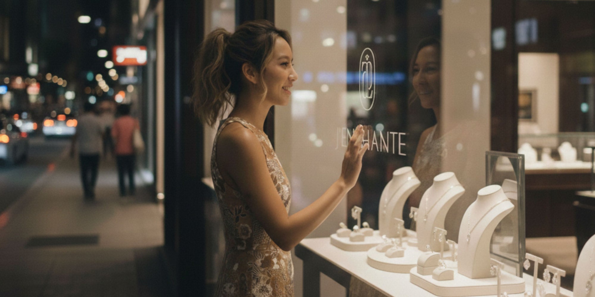 A woman admiring J'ENCHANTE high-end 18k gold lab-grown diamond necklaces in a luxury jewelry boutique window.