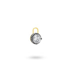 Angled view of the J'ENCHANTE MOD collection black frame lab-grown diamond pendant, highlighting the dark textured prongs and the 18k yellow gold loop for an edgy, custom look.