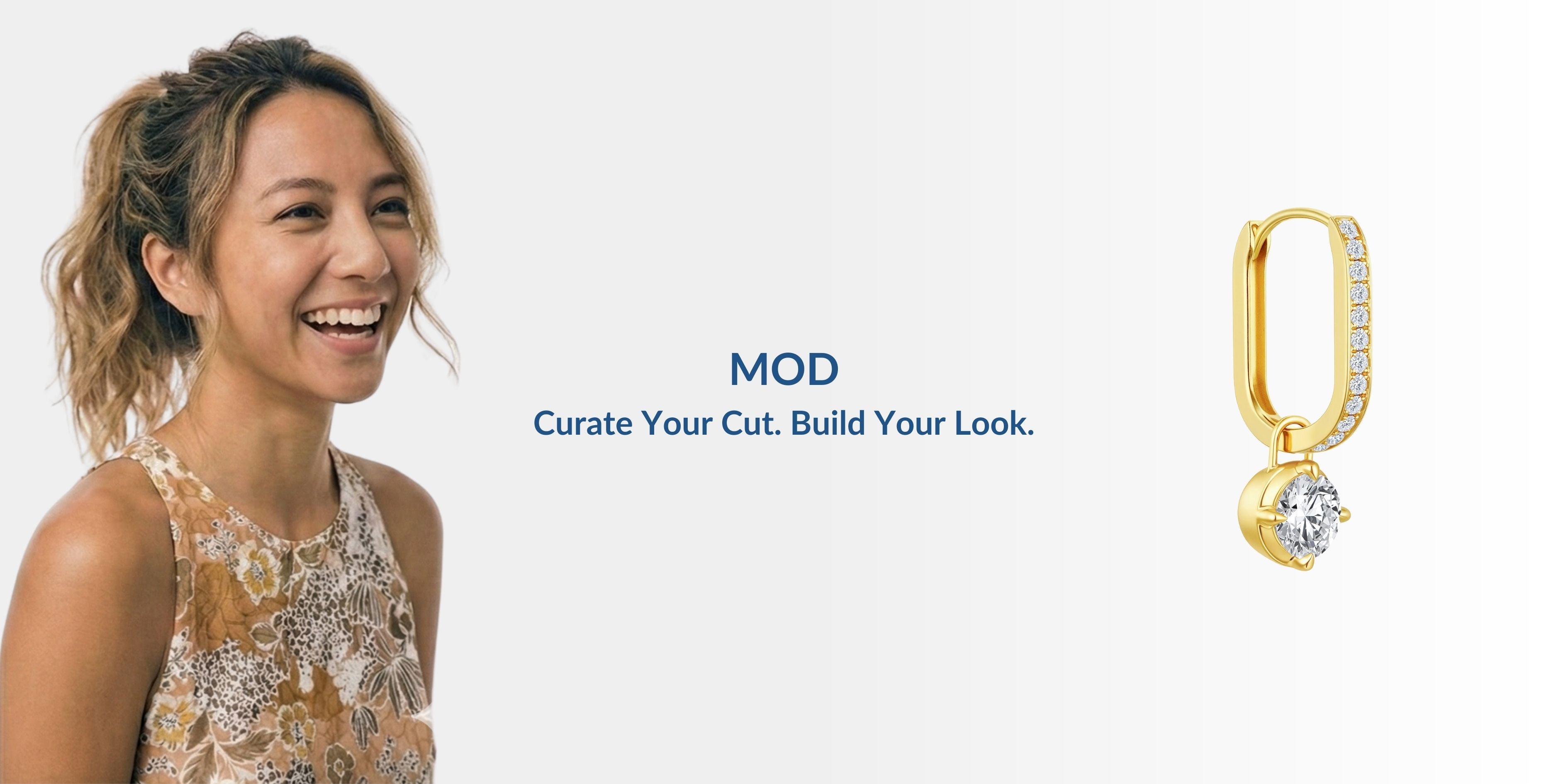 J'ENCHANTE MOD collection 18k yellow gold lab-grown diamond drop earring, featured alongside a smiling woman and text promoting custom luxury jewelry design.