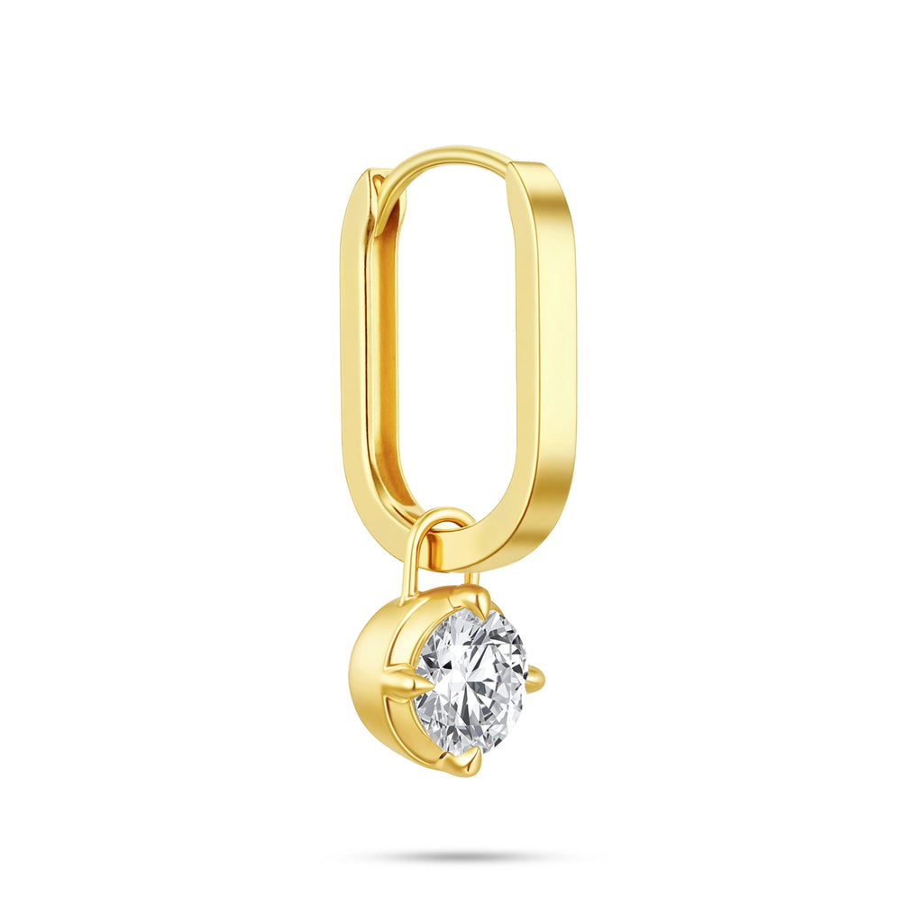 Angled view of the J'ENCHANTE MOD medium 0.5-carat round diamond drop hoop earring, highlighting the generous dimensional profile of the 18k gold hoop and the secure setting of the brilliant focal stone.