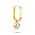 Angled view of the J'ENCHANTE MOD medium 0.5-carat round diamond drop hoop earring, highlighting the generous dimensional profile of the 18k gold hoop and the secure setting of the brilliant focal stone.