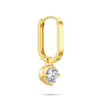 Angled view of the J'ENCHANTE MOD medium 0.5-carat round diamond drop hoop earring, highlighting the generous dimensional profile of the 18k gold hoop and the secure setting of the brilliant focal stone.