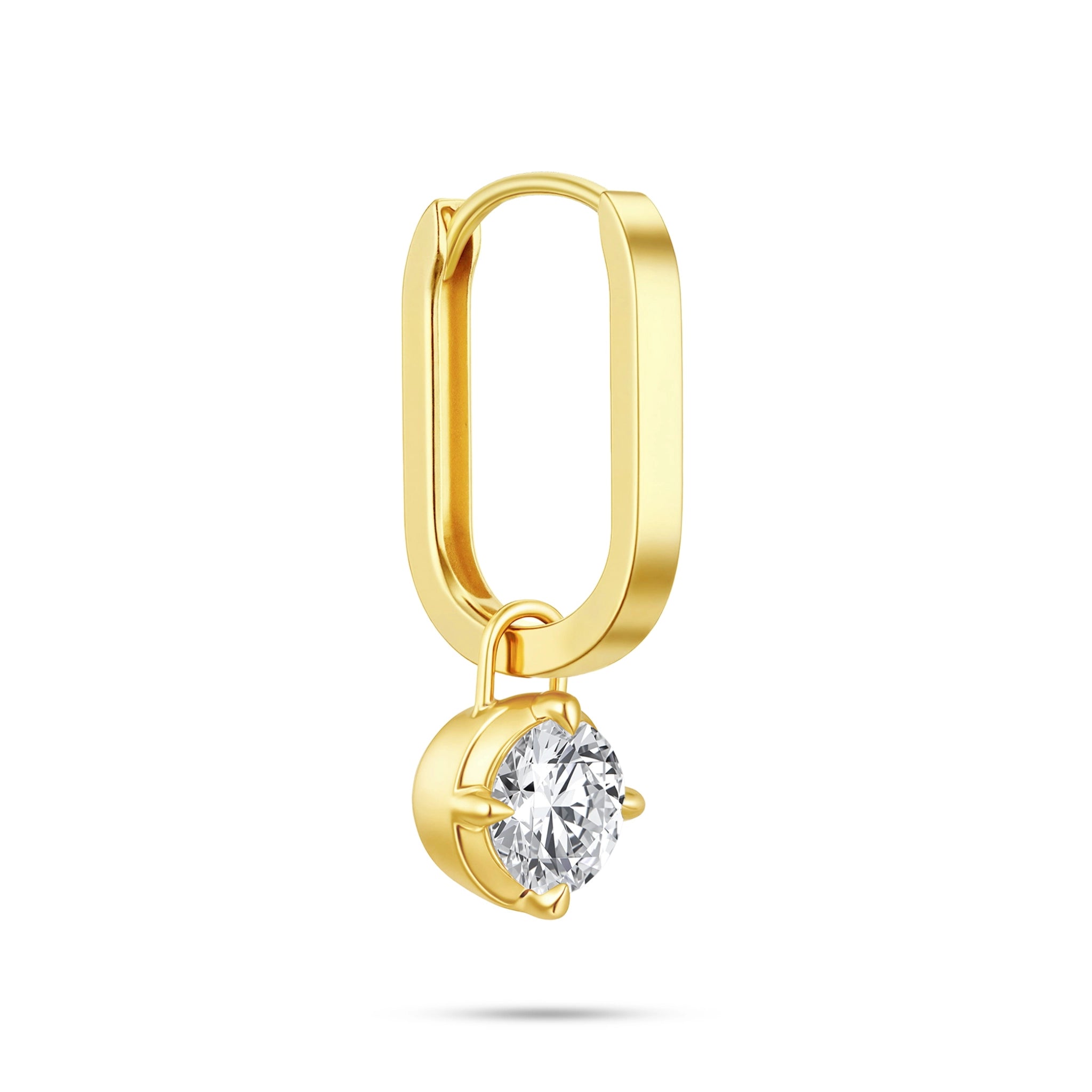 Angled view of the J'ENCHANTE MOD medium 0.5-carat round diamond drop hoop earring, highlighting the generous dimensional profile of the 18k gold hoop and the secure setting of the brilliant focal stone.