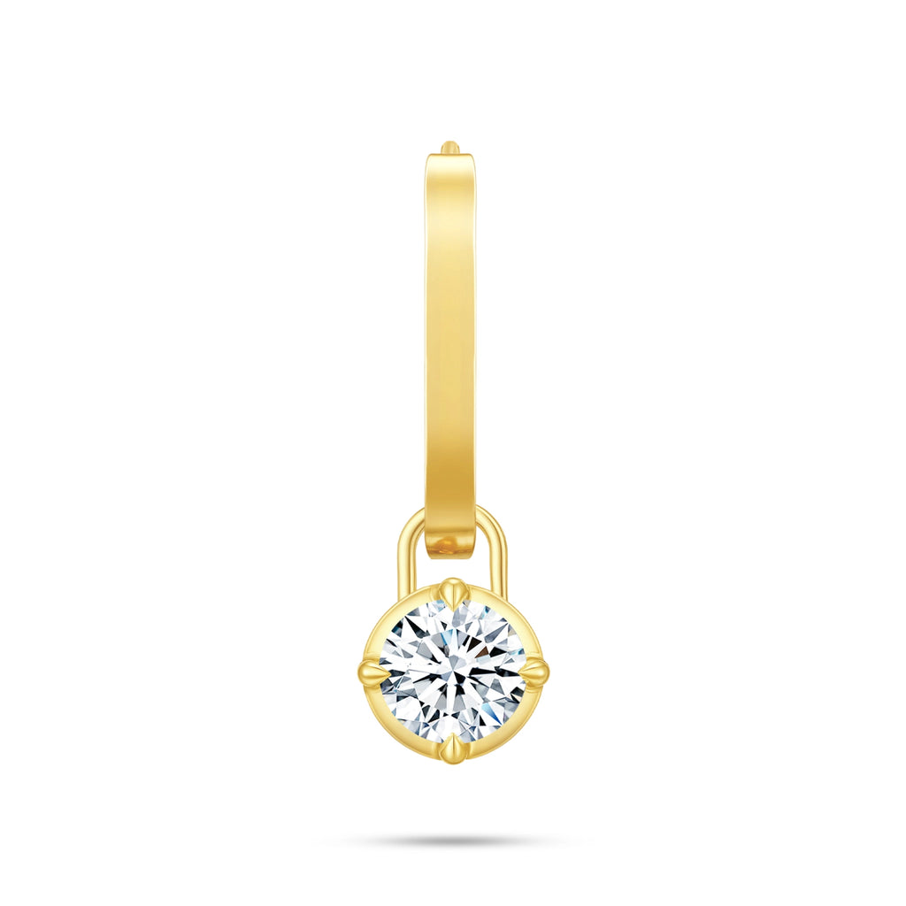 Front view of the J'ENCHANTE MOD medium 18k gold single classic hoop earring, featuring bolder sculptural lines paired with a detachable 0.5-carat round lab-grown diamond drop for a refined statement.
