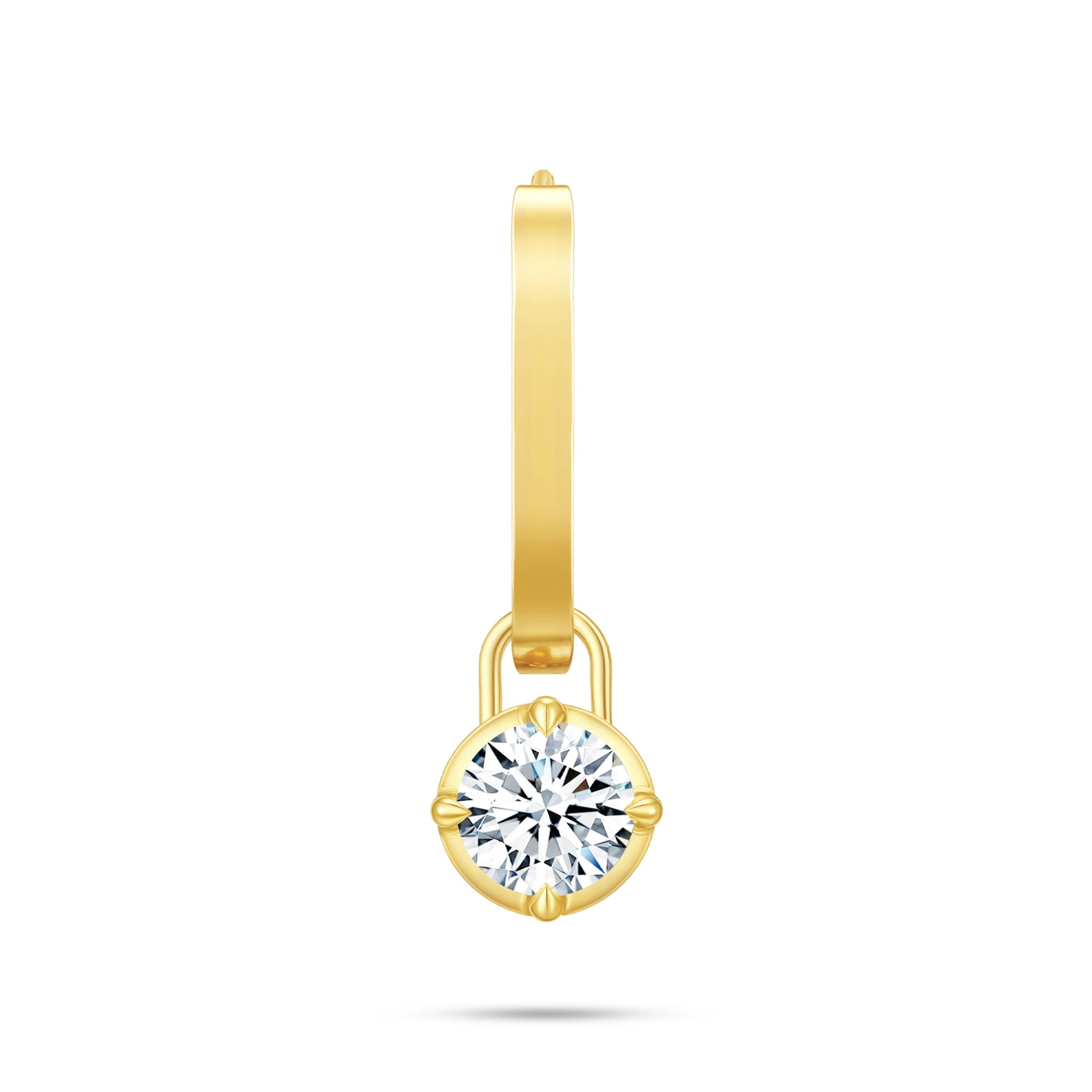 Front view of the J'ENCHANTE MOD medium 18k gold single classic hoop earring, featuring bolder sculptural lines paired with a detachable 0.5-carat round lab-grown diamond drop for a refined statement.