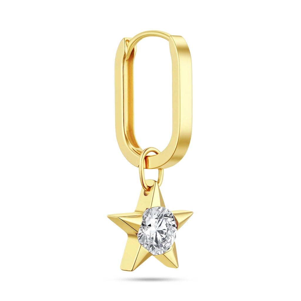 Front view of the J'ENCHANTE MOD medium 18k gold star drop hoop earring, combining a bolder medium-sized classic hoop with a 0.5-carat lab-grown diamond star charm for a clean, sculptural look.