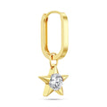 Front view of the J'ENCHANTE MOD medium 18k gold star drop hoop earring, combining a bolder medium-sized classic hoop with a 0.5-carat lab-grown diamond star charm for a clean, sculptural look.