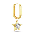Front view of the J'ENCHANTE MOD medium 18k gold star drop hoop earring, combining a bolder medium-sized classic hoop with a 0.5-carat lab-grown diamond star charm for a clean, sculptural look.