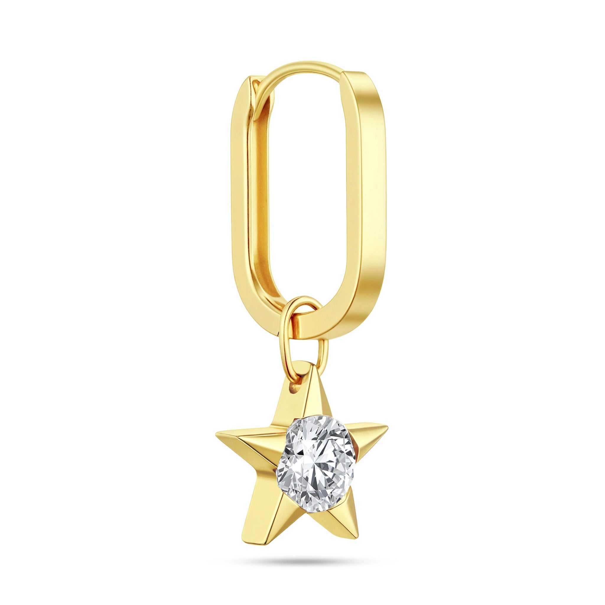 Front view of the J'ENCHANTE MOD medium 18k gold star drop hoop earring, combining a bolder medium-sized classic hoop with a 0.5-carat lab-grown diamond star charm for a clean, sculptural look.