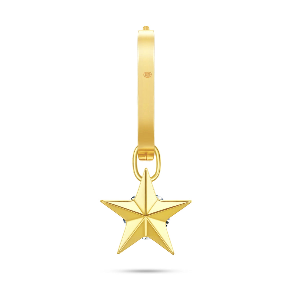 Back view of the J'ENCHANTE MOD medium star diamond drop hoop, displaying the solid high-polished 18k gold finish, seamless clasp design, and signature brand hallmark.