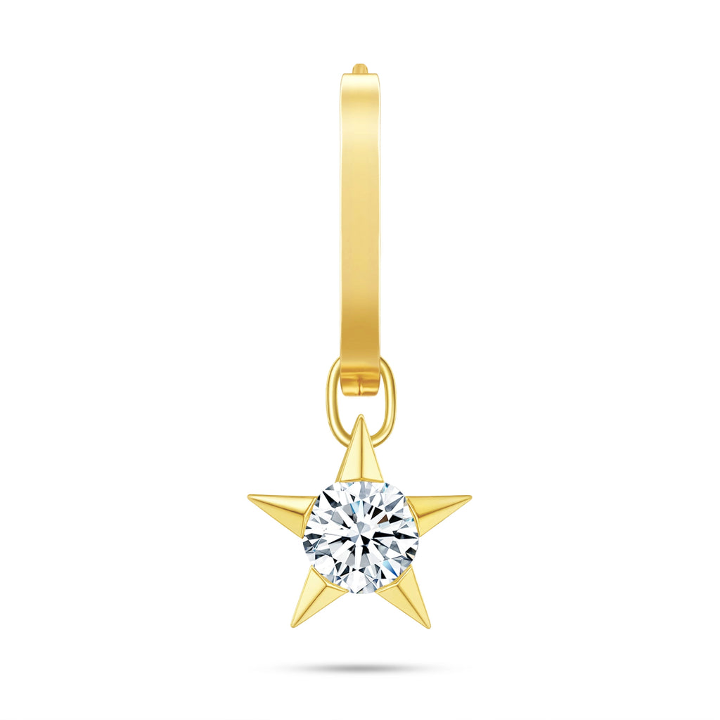 Front view of the J'ENCHANTE MOD medium 18k gold star drop hoop earring, combining a bolder medium-sized classic hoop with a 0.5-carat lab-grown diamond star charm for a clean, sculptural look.