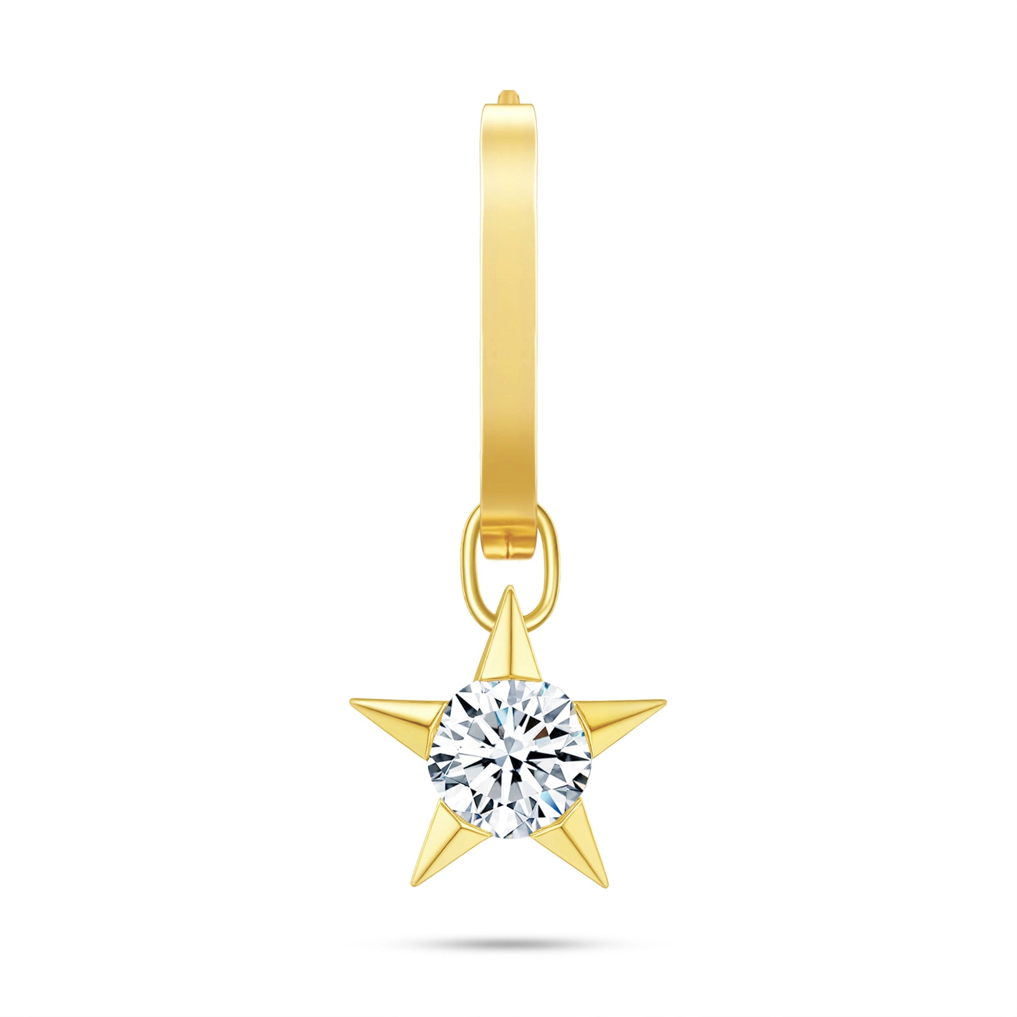 Front view of the J'ENCHANTE MOD medium 18k gold star drop hoop earring, combining a bolder medium-sized classic hoop with a 0.5-carat lab-grown diamond star charm for a clean, sculptural look.