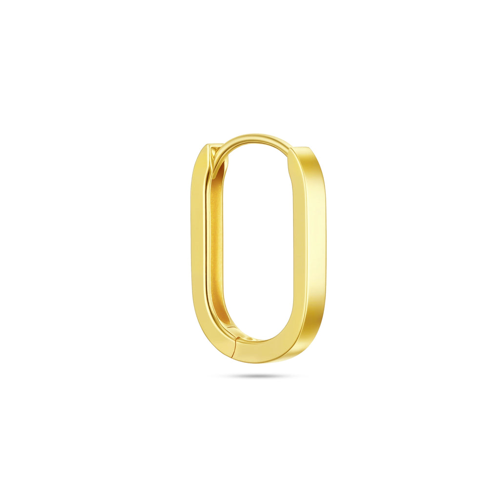 Angled view of the J'ENCHANTE MOD medium classic gold hoop, highlighting its refined 14.8mm proportion and high-polished 18k gold finish.