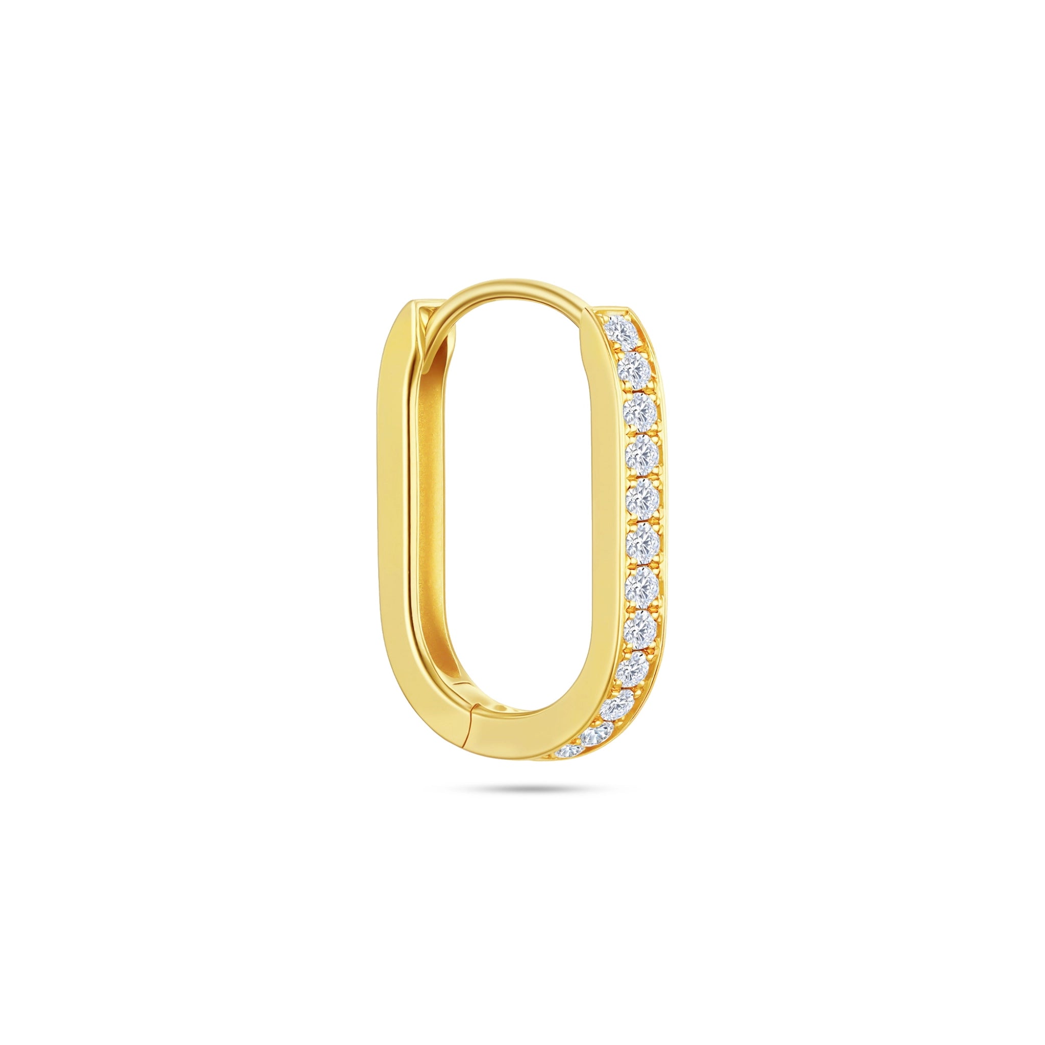Angled view of the J'ENCHANTE MOD medium 0.1-carat pavé diamond hoop earring, highlighting the precision contrast between the clean 18k gold surface and the brilliant pavé setting, with a generous 14.8mm proportion.
