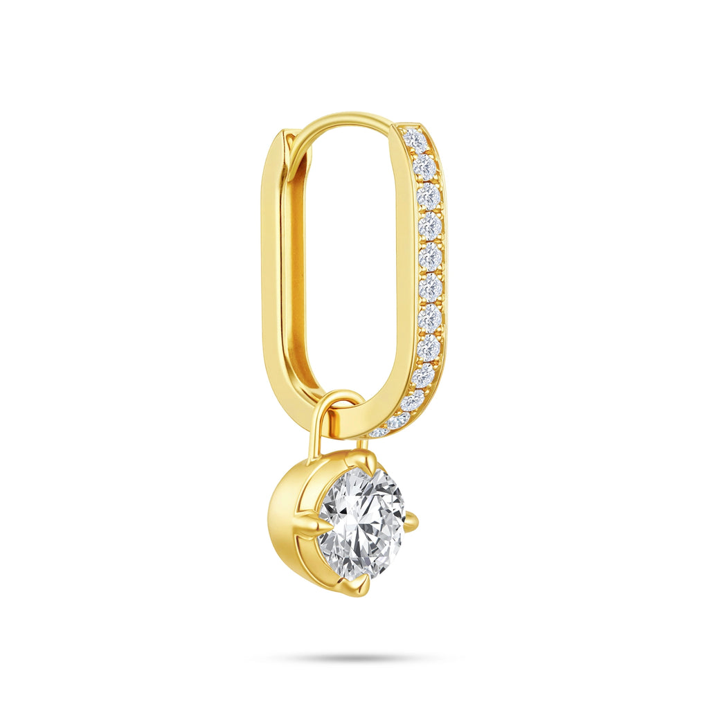 Angled view of the J'ENCHANTE MOD medium 0.5-carat pavé round diamond drop hoop earring, highlighting the generous dimensional profile, the exquisite pavé setting on the 18k gold hoop, and the secure setting of the round brilliant focal stone.