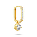 Angled view of the J'ENCHANTE MOD medium 0.5-carat pavé round diamond drop hoop earring, highlighting the generous dimensional profile, the exquisite pavé setting on the 18k gold hoop, and the secure setting of the round brilliant focal stone.