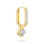 Angled view of the J'ENCHANTE MOD medium 0.5-carat pavé round diamond drop hoop earring, highlighting the generous dimensional profile, the exquisite pavé setting on the 18k gold hoop, and the secure setting of the round brilliant focal stone.