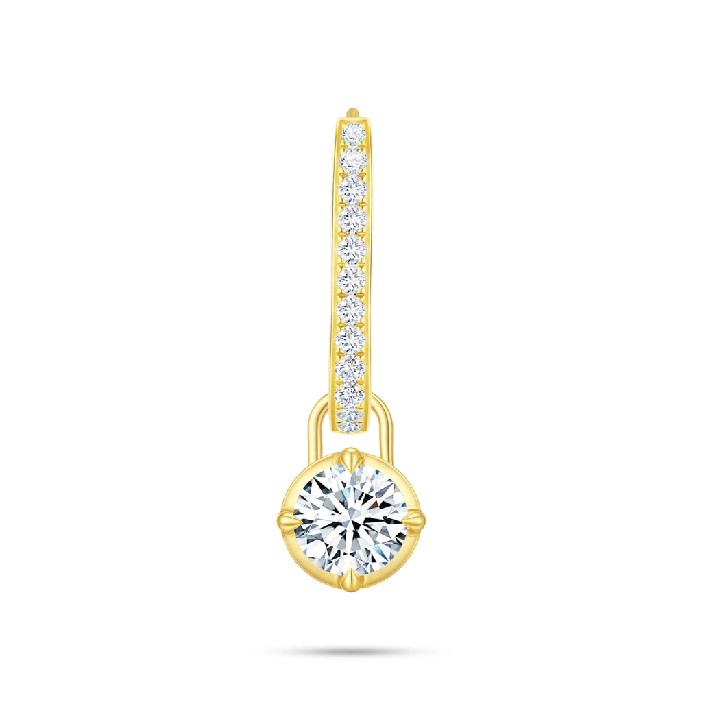 Front view of the J'ENCHANTE MOD medium 18k gold pavé round diamond drop hoop earring, featuring a bolder hoop accented with a refined row of pavé-set diamonds and a detachable luminous 0.5-carat round lab-grown diamond.