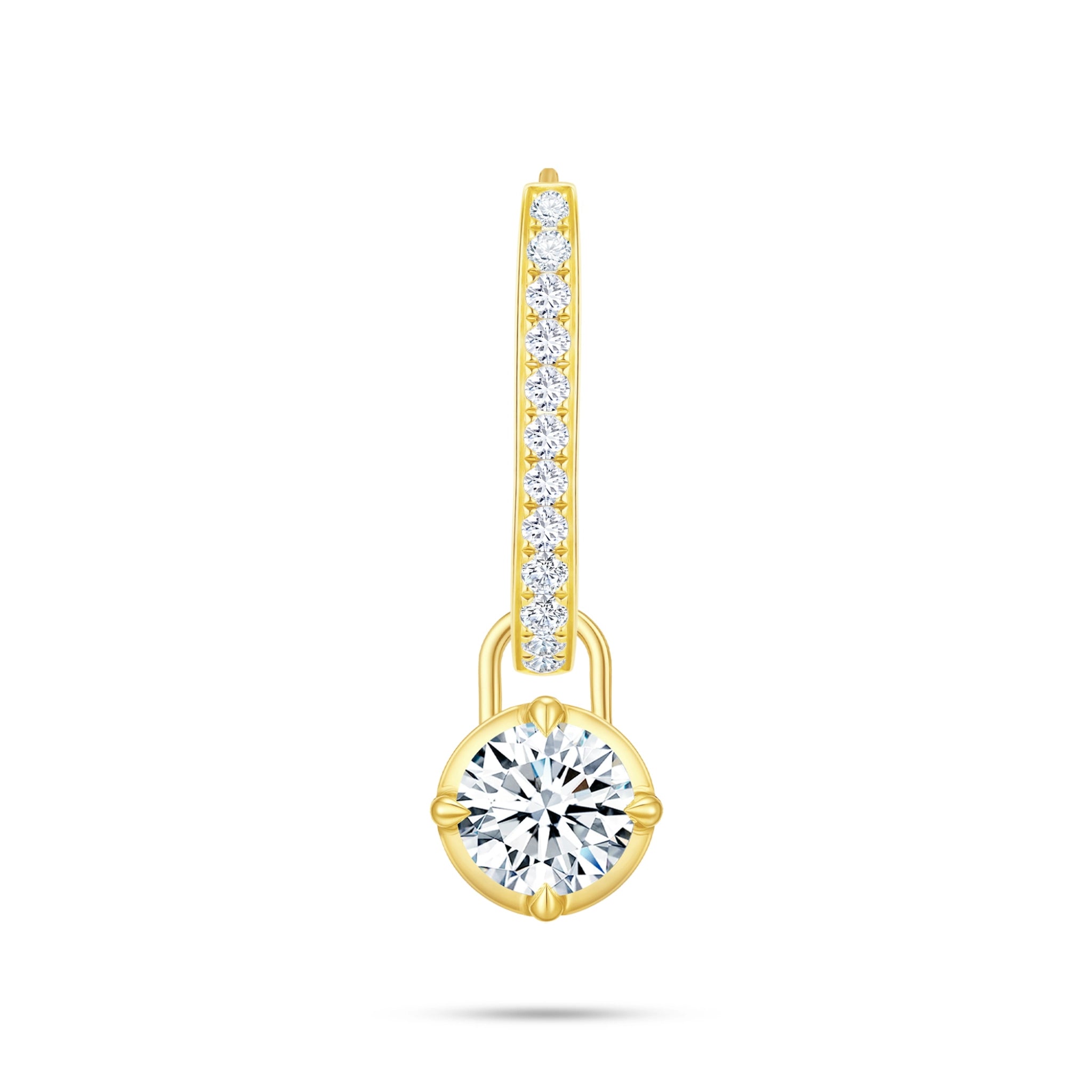 Front view of the J'ENCHANTE MOD medium 18k gold pavé round diamond drop hoop earring, featuring a bolder hoop accented with a refined row of pavé-set diamonds and a detachable luminous 0.5-carat round lab-grown diamond.