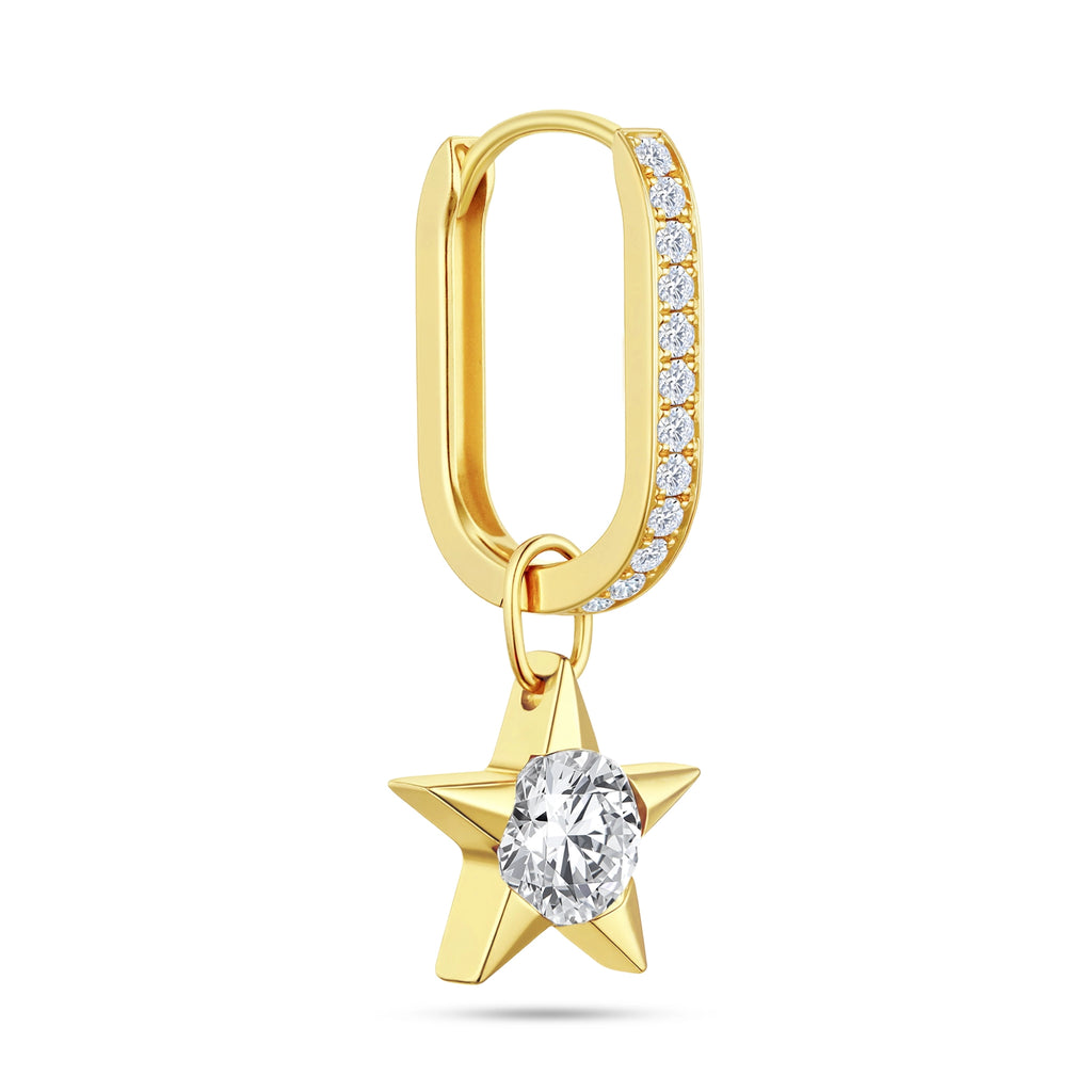 Angled view of the J'ENCHANTE MOD medium pavé diamond star hoop earring, showcasing the generous spatial proportion of the diamond-accented hoop and the dimensional brilliance of the star drop.