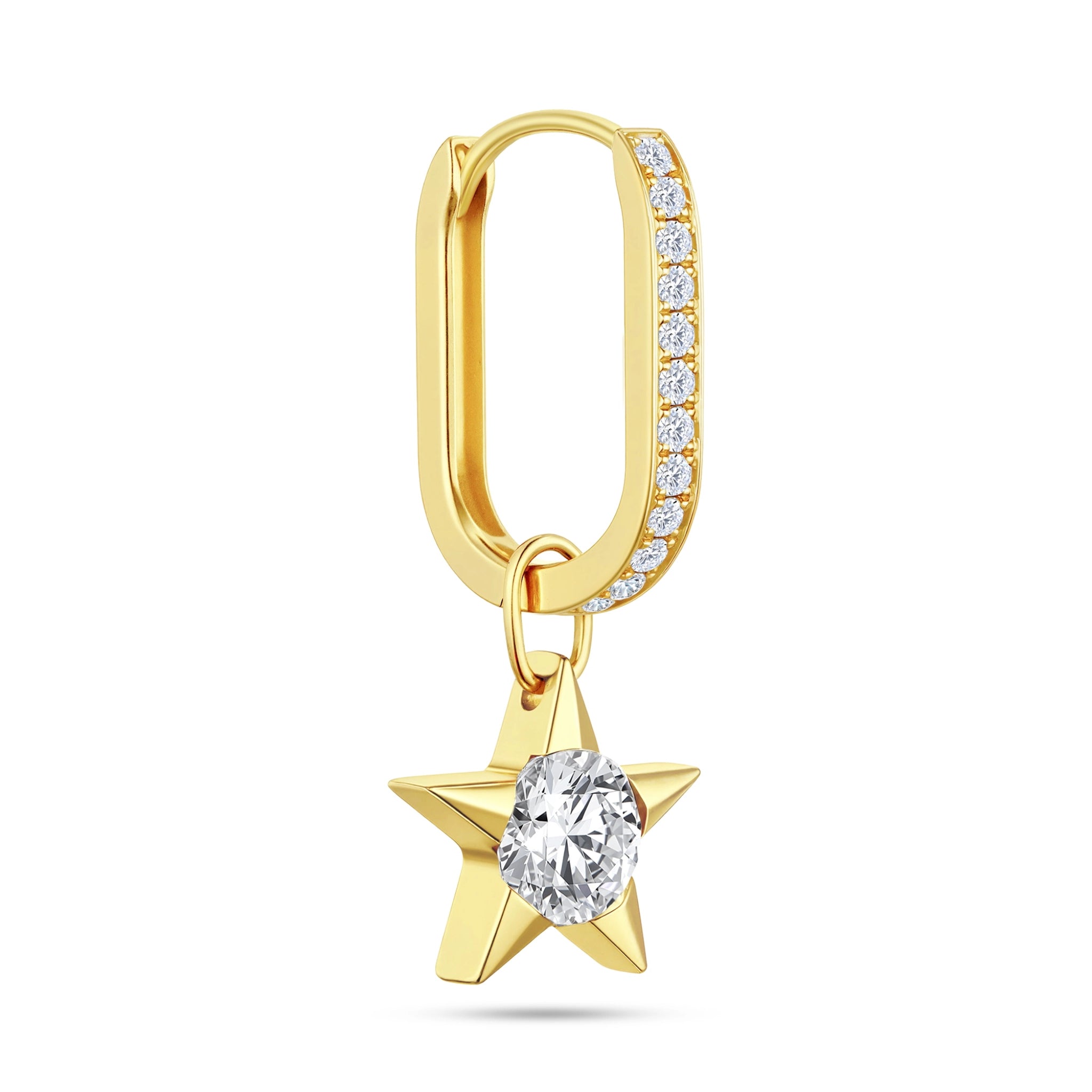 Angled view of the J'ENCHANTE MOD medium pavé diamond star hoop earring, showcasing the generous spatial proportion of the diamond-accented hoop and the dimensional brilliance of the star drop.