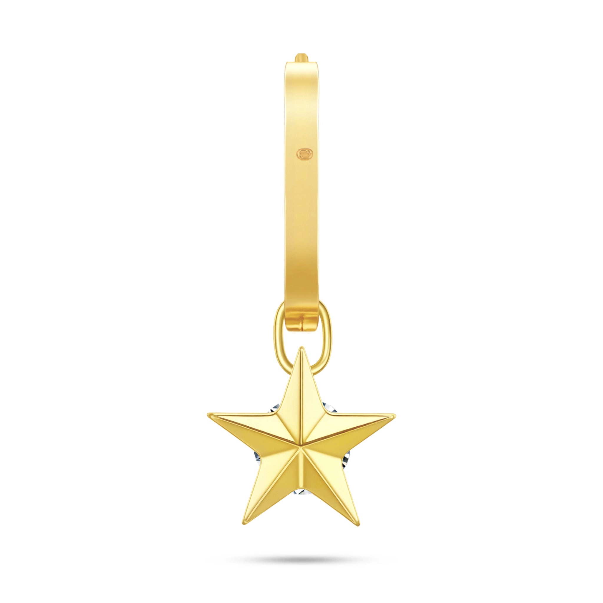 Back view of the J'ENCHANTE MOD medium pavé star diamond drop hoop, displaying the solid high-polished 18k gold finish, seamless clasp, and signature brand hallmark.