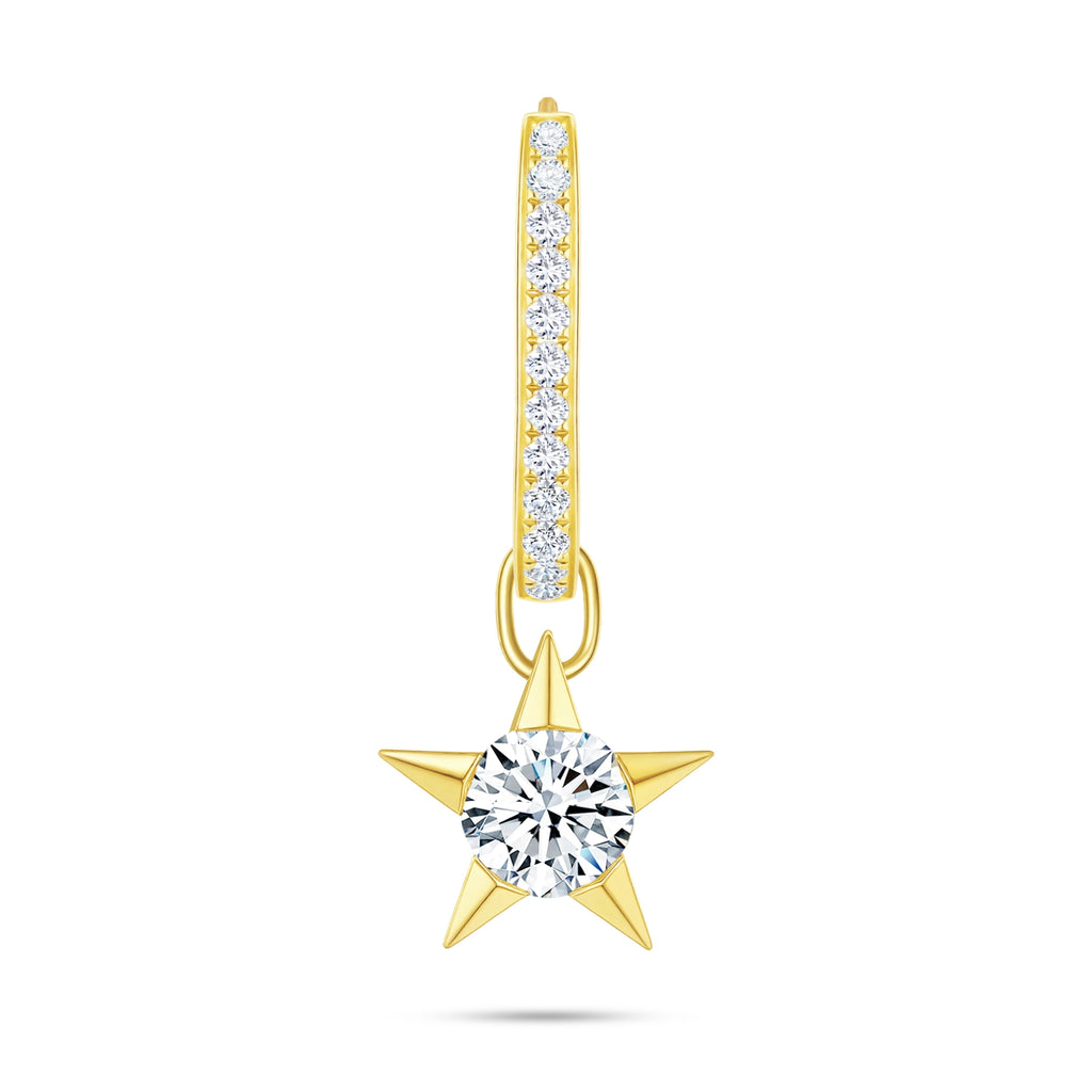 Front view of the J'ENCHANTE MOD medium 18k gold pavé diamond star drop hoop earring, featuring a bolder hoop accented with a refined row of pavé-set lab-grown diamonds and a detachable star charm.