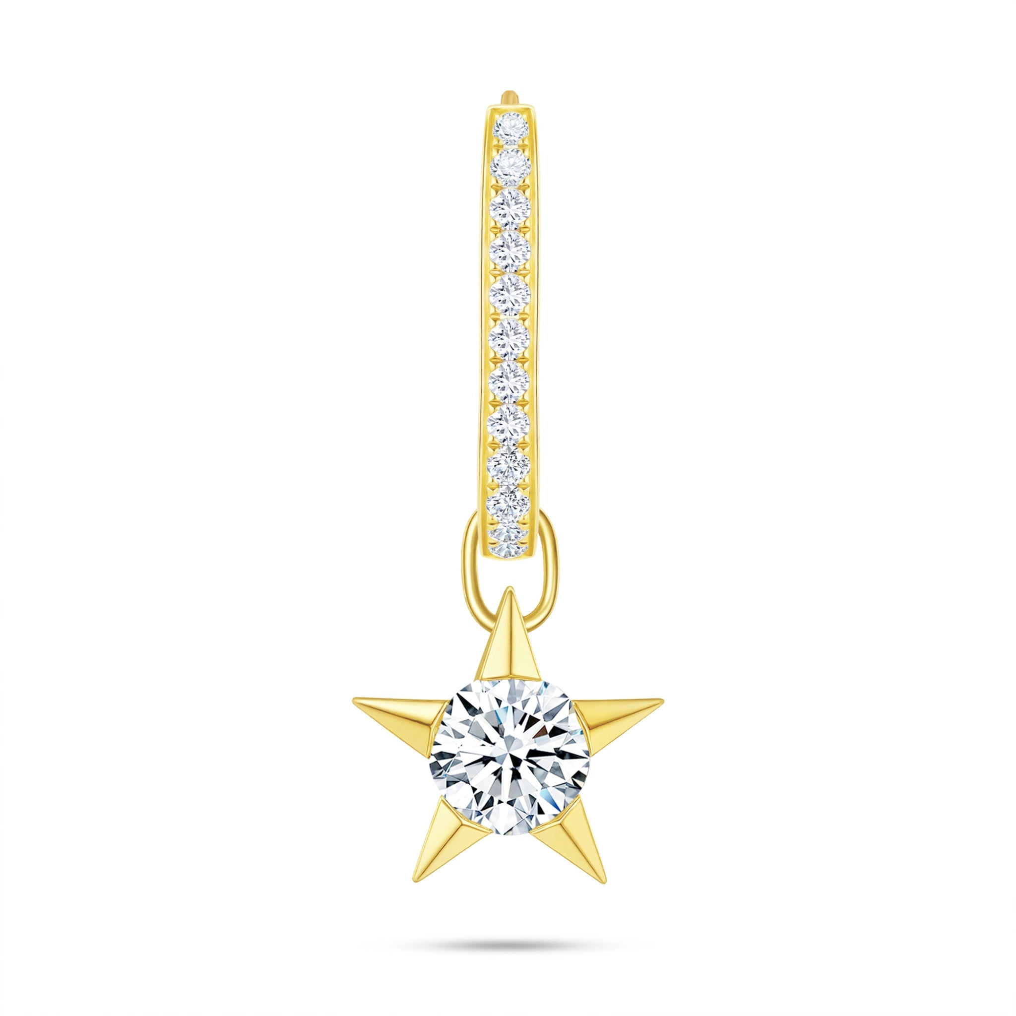Front view of the J'ENCHANTE MOD medium 18k gold pavé diamond star drop hoop earring, featuring a bolder hoop accented with a refined row of pavé-set lab-grown diamonds and a detachable star charm.