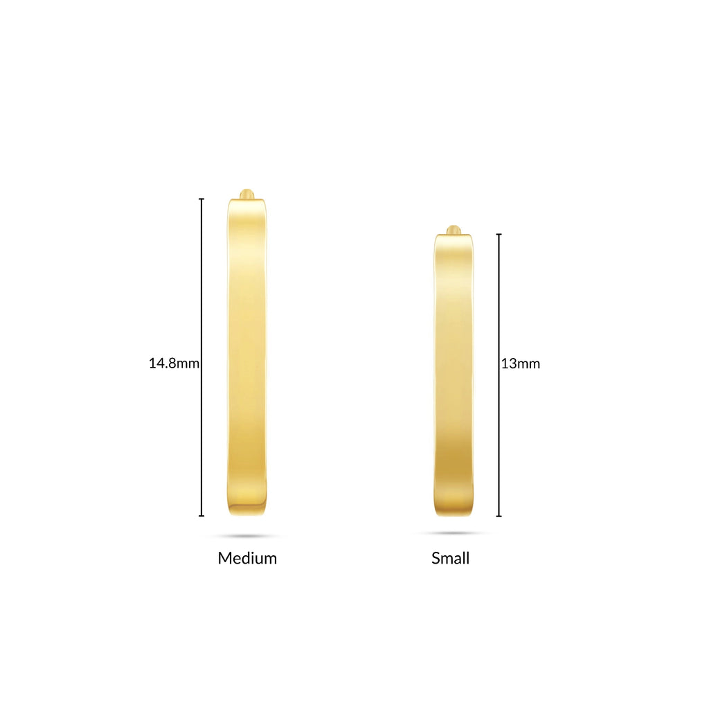 Size comparison guide for J'ENCHANTE MOD classic gold hoops, visually contrasting the Medium (14.8mm) and Small (13mm) sizes to help customers find their perfect fit.