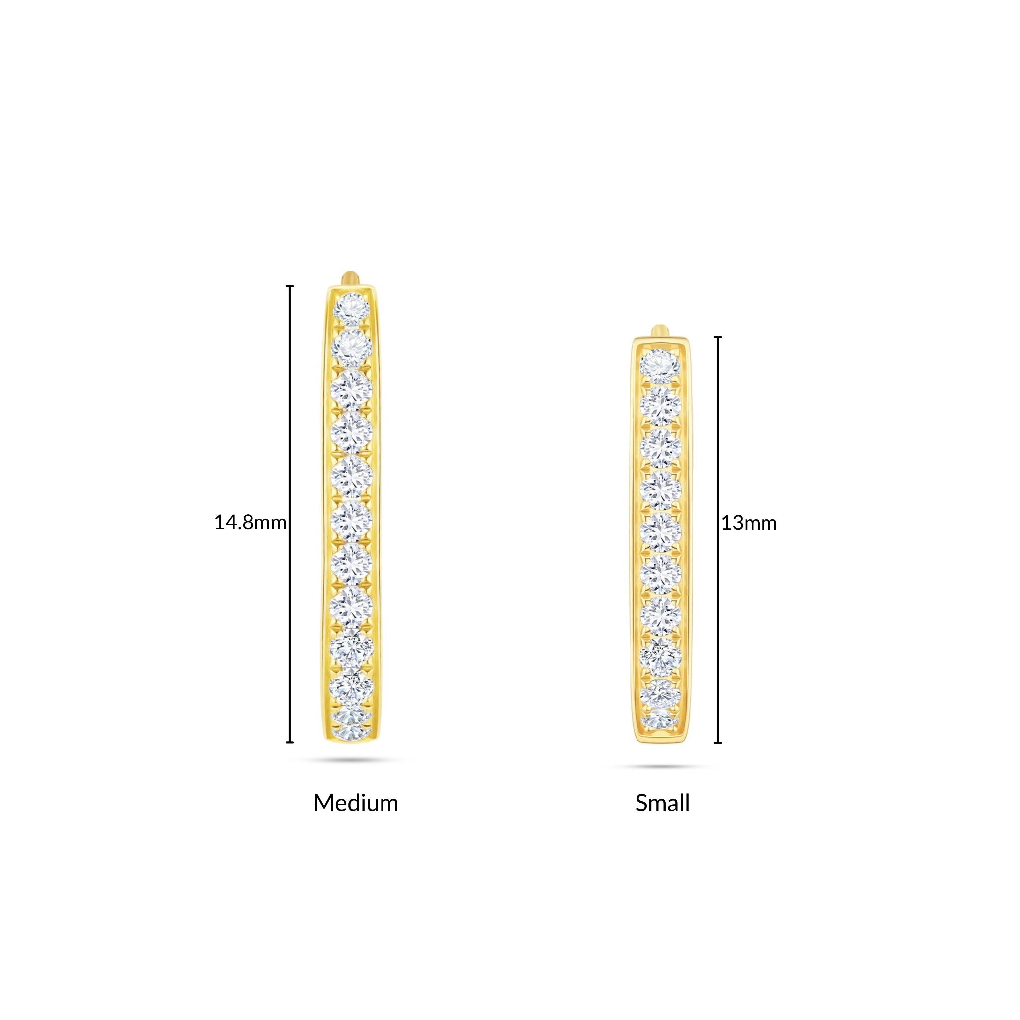 Size comparison guide for J'ENCHANTE MOD pavé diamond hoops, visually contrasting the Medium (14.8mm / 0.1ct) and Small (13mm / 0.07ct) sizes to help customers select their perfect modular base.