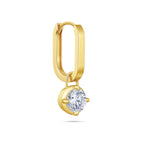 Angled view of the J'ENCHANTE MOD small 0.5-carat round diamond drop hoop earring, highlighting the smooth, dimensional profile of the 18k yellow gold hoop and the secure setting of the brilliant focal stone.
