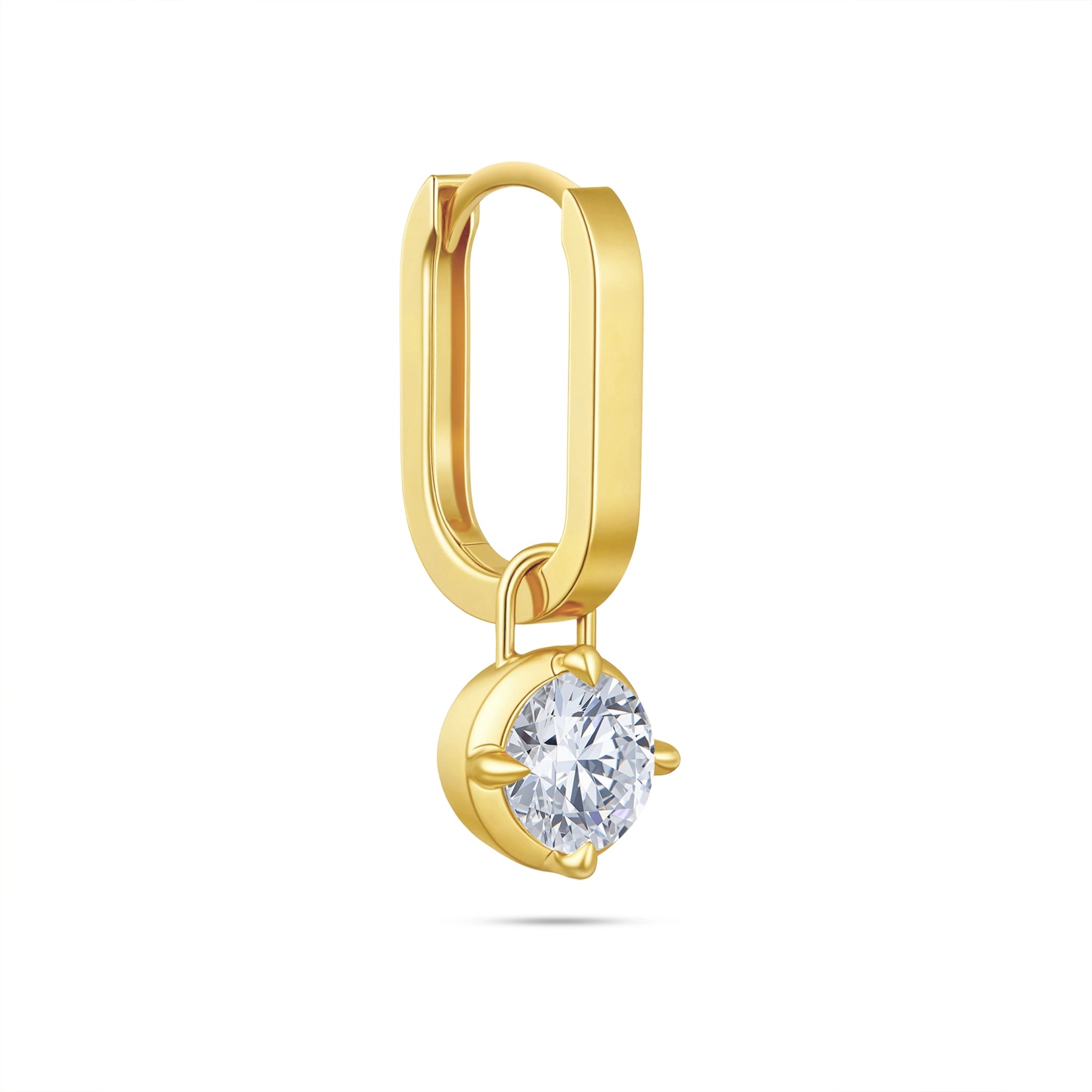 Angled view of the J'ENCHANTE MOD small 0.5-carat round diamond drop hoop earring, highlighting the smooth, dimensional profile of the 18k yellow gold hoop and the secure setting of the brilliant focal stone.