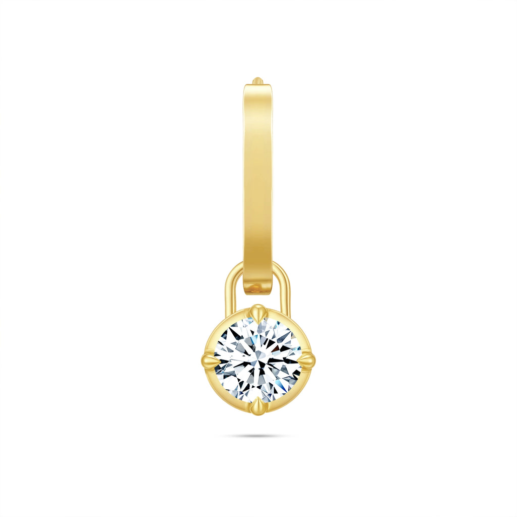 Front view of the J'ENCHANTE MOD small 18k gold single classic hoop earring, featuring clean sculptural lines paired with a detachable 0.5-carat round lab-grown diamond drop for refined everyday minimalism.