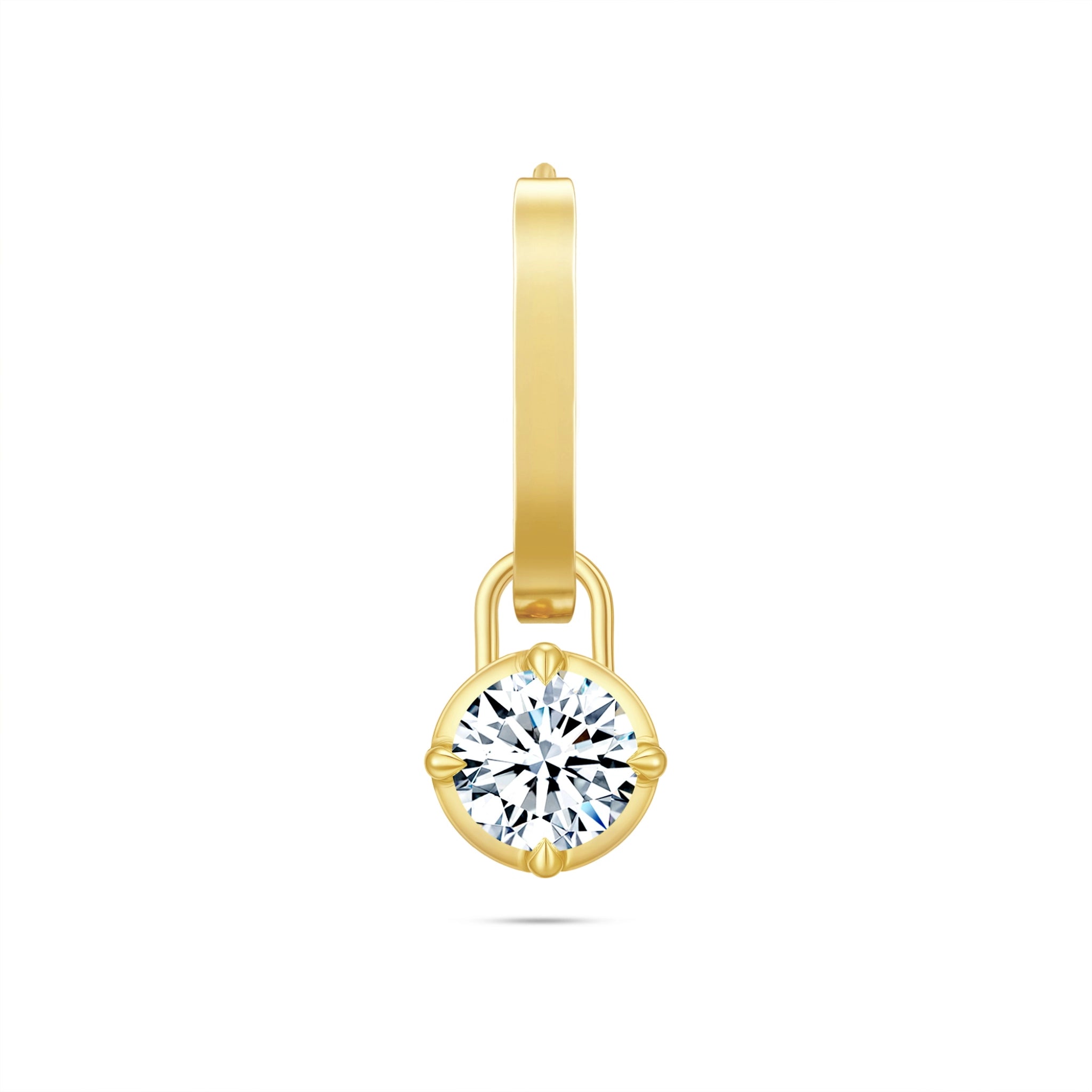Front view of the J'ENCHANTE MOD small 18k gold single classic hoop earring, featuring clean sculptural lines paired with a detachable 0.5-carat round lab-grown diamond drop for refined everyday minimalism.