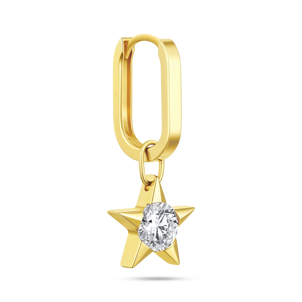 Angled view of the J'ENCHANTE MOD small 0.5-carat diamond star hoop earring, showcasing the sculptural 18k gold star setting and its elegant drop connection to the hoop.