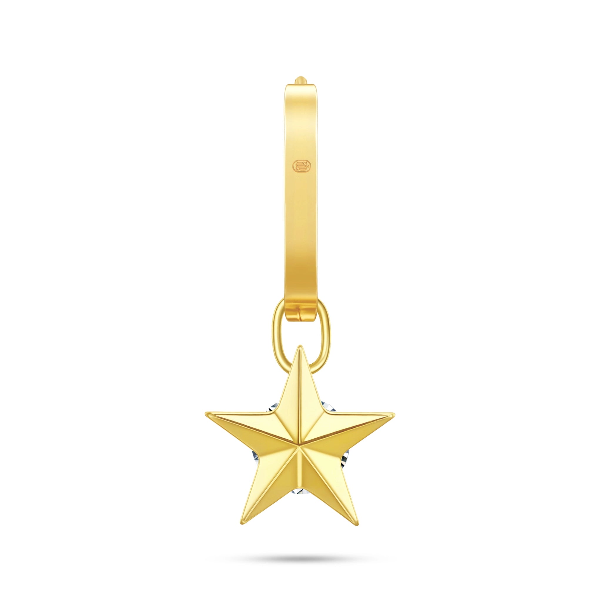Back view of the J'ENCHANTE MOD small star diamond drop hoop, displaying the high-polished solid 18k gold finish and the signature brand hallmark engraved on the back of the hoop.