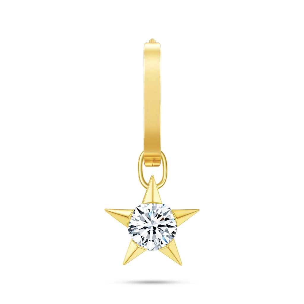 Front view of the J'ENCHANTE MOD small 18k gold star drop hoop earring, featuring a classic small hoop paired with a detachable 0.5-carat lab-grown diamond star charm.