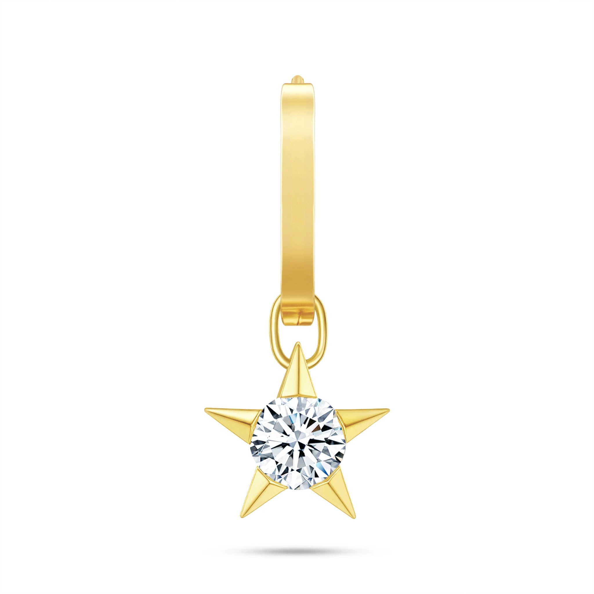 Front view of the J'ENCHANTE MOD small 18k gold star drop hoop earring, featuring a classic small hoop paired with a detachable 0.5-carat lab-grown diamond star charm.