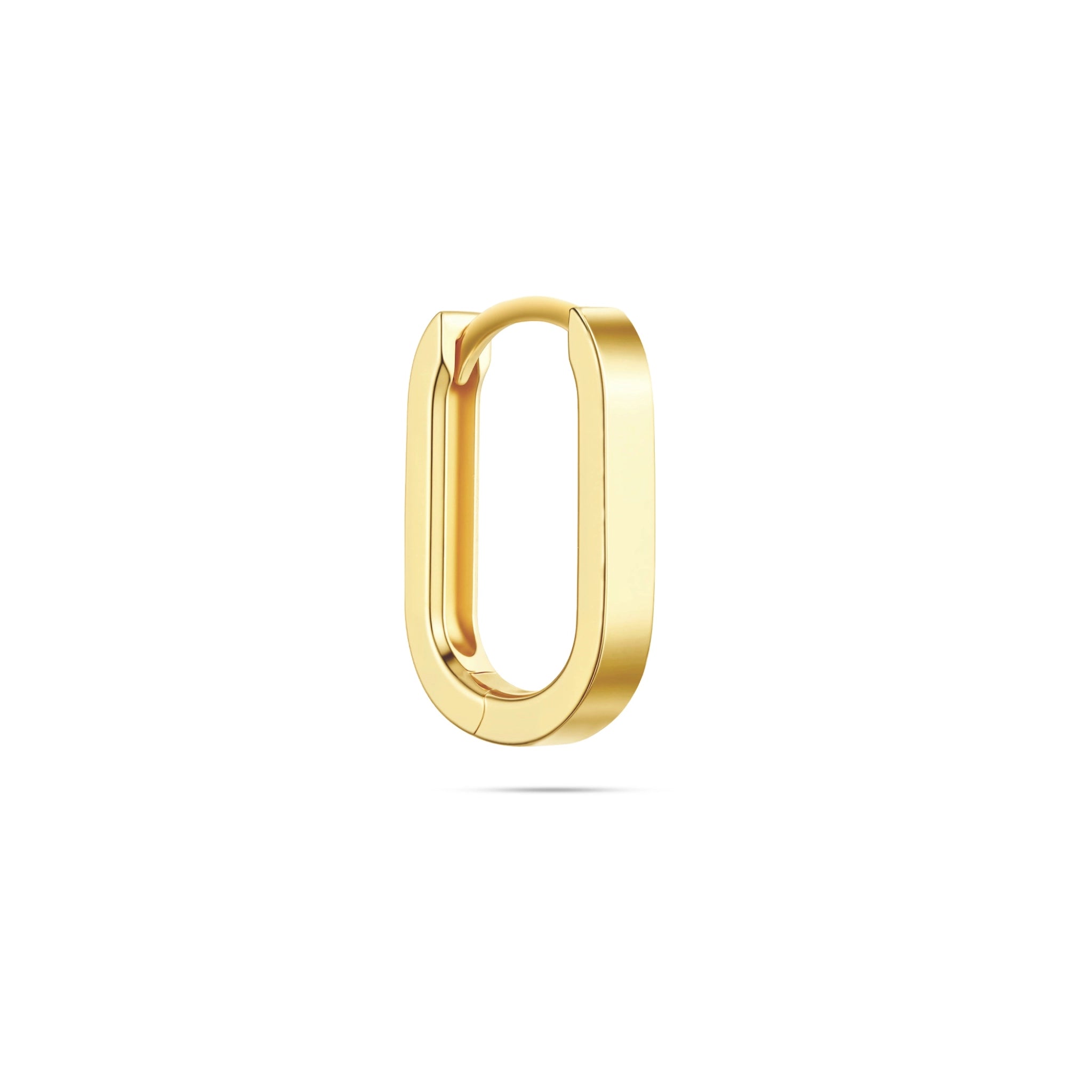 Angled view of the J'ENCHANTE MOD small classic gold hoop earring, highlighting its refined 13mm proportion, high-polished 18k gold finish, and balanced structure for versatile everyday wear.