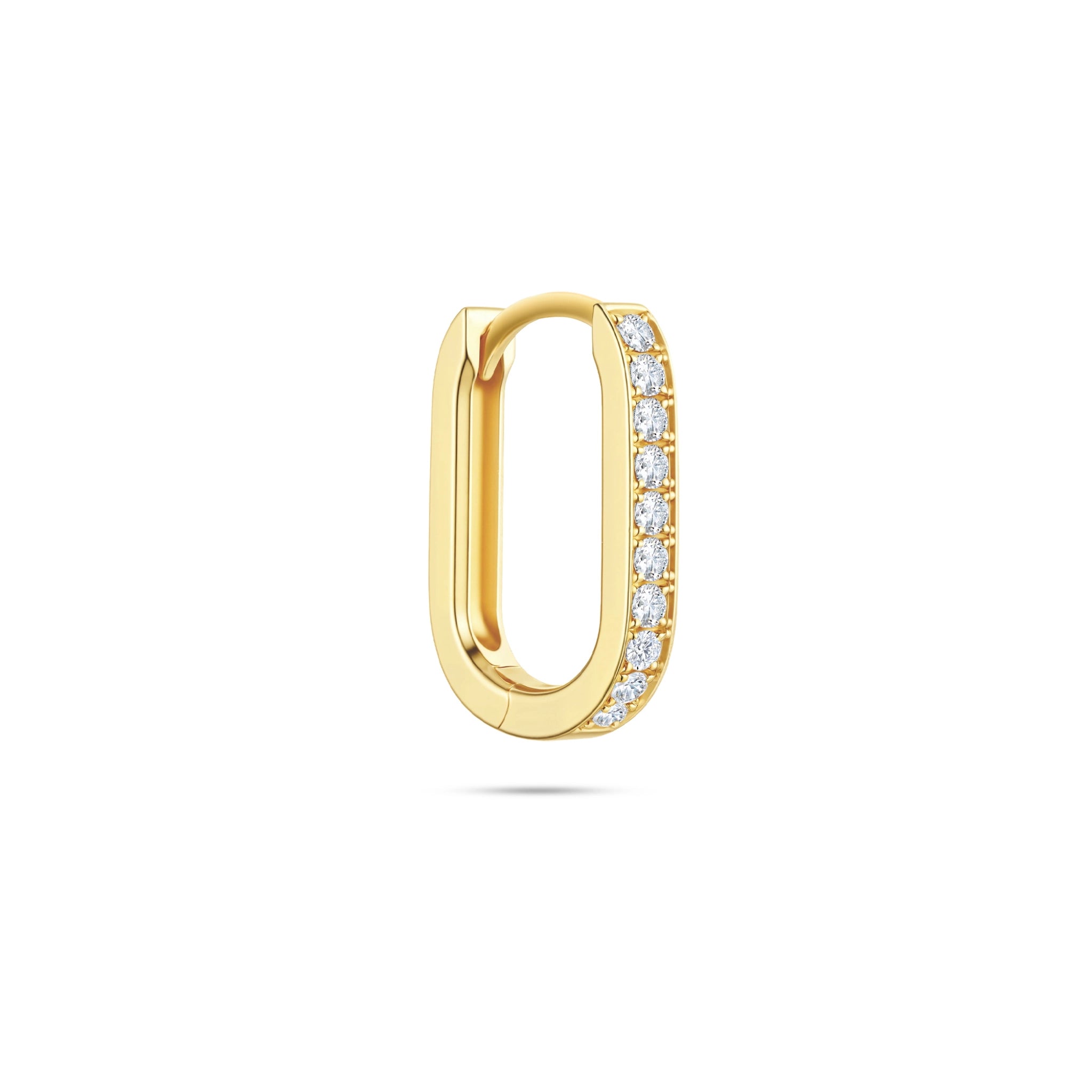 Angled view of the J'ENCHANTE MOD small 0.07-carat pavé diamond hoop earring, highlighting the precision contrast between the clean 18k gold surface and the brilliant pavé setting.