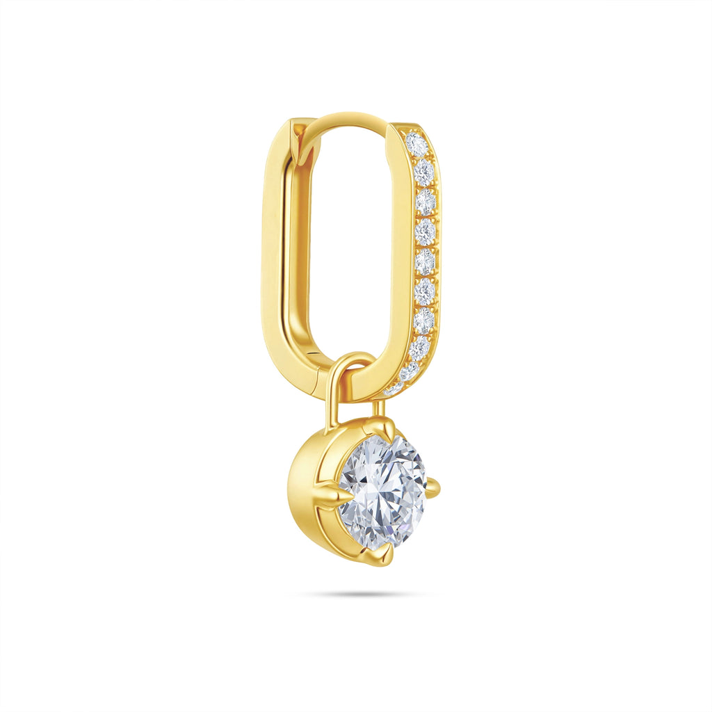 Angled view of the J'ENCHANTE MOD small 0.5-carat pavé round diamond drop hoop earring, highlighting the exquisite pavé setting on the 18k gold hoop and the secure, refined setting of the round brilliant focal stone.