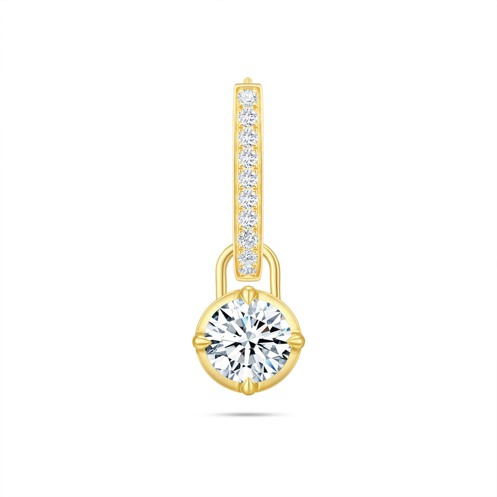 Front view of the J'ENCHANTE MOD small 18k gold pavé round diamond drop hoop earring, featuring a delicate hoop accented with a subtle row of diamonds and a detachable luminous 0.5-carat round lab-grown diamond.