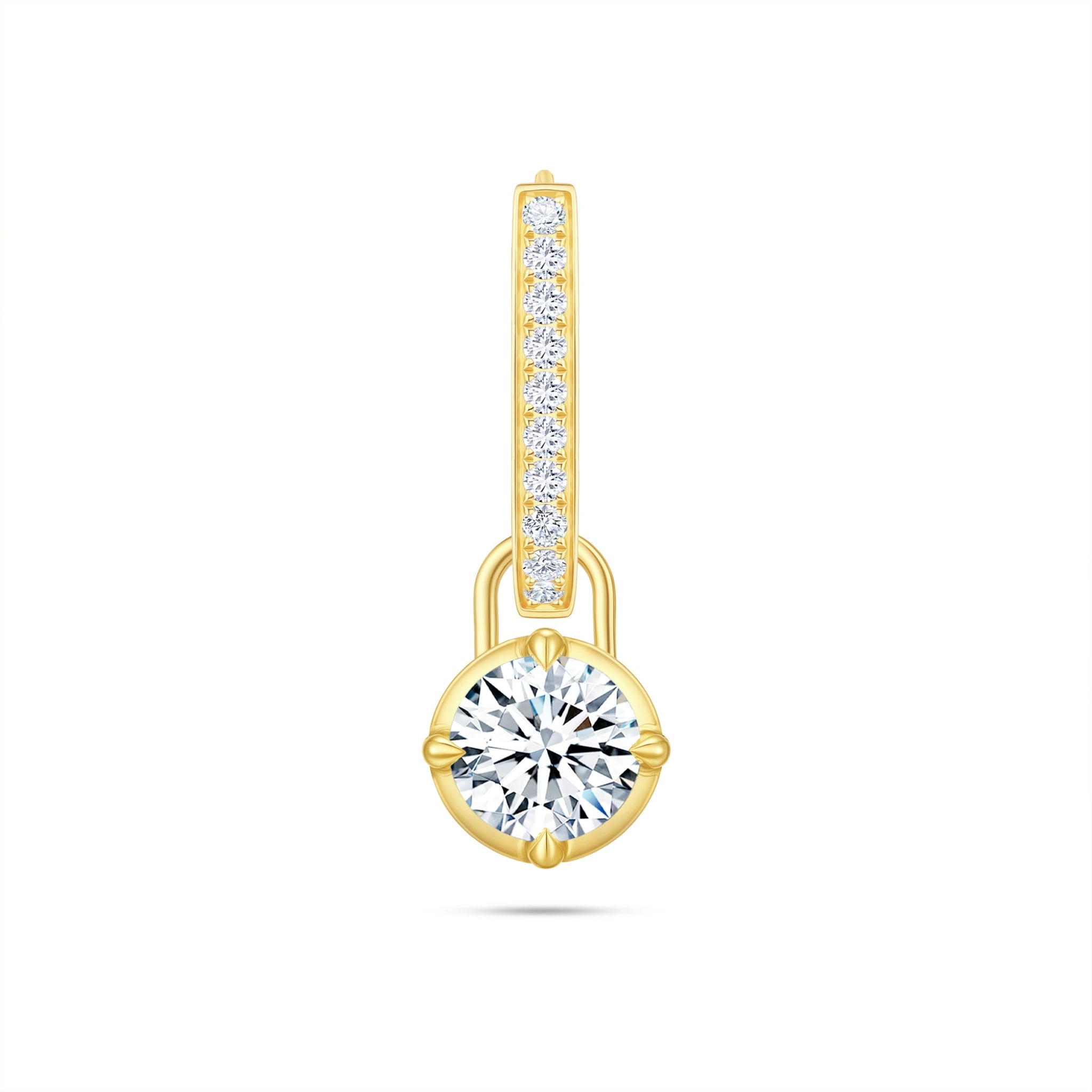 Front view of the J'ENCHANTE MOD small 18k gold pavé round diamond drop hoop earring, featuring a delicate hoop accented with a subtle row of diamonds and a detachable luminous 0.5-carat round lab-grown diamond.