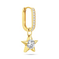 Angled view of the J'ENCHANTE MOD small pavé diamond star hoop earring, showcasing the exquisite pavé setting on the hoop perfectly combined with the dimensional brilliance of the star drop charm.