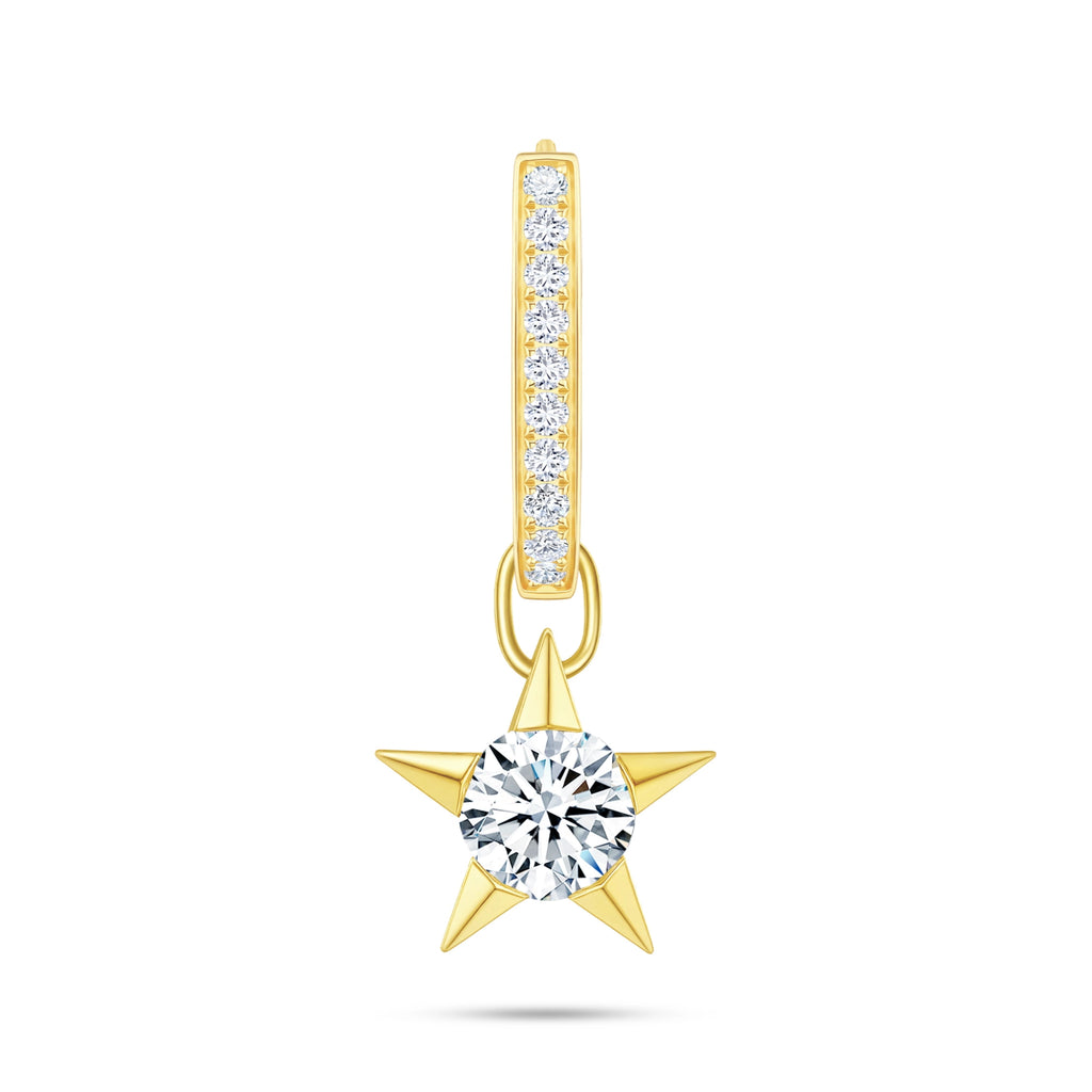 Front view of the J'ENCHANTE MOD small 18k gold pavé diamond star drop hoop earring, featuring a delicate hoop accented with a refined row of pavé-set lab-grown diamonds and a detachable star charm.