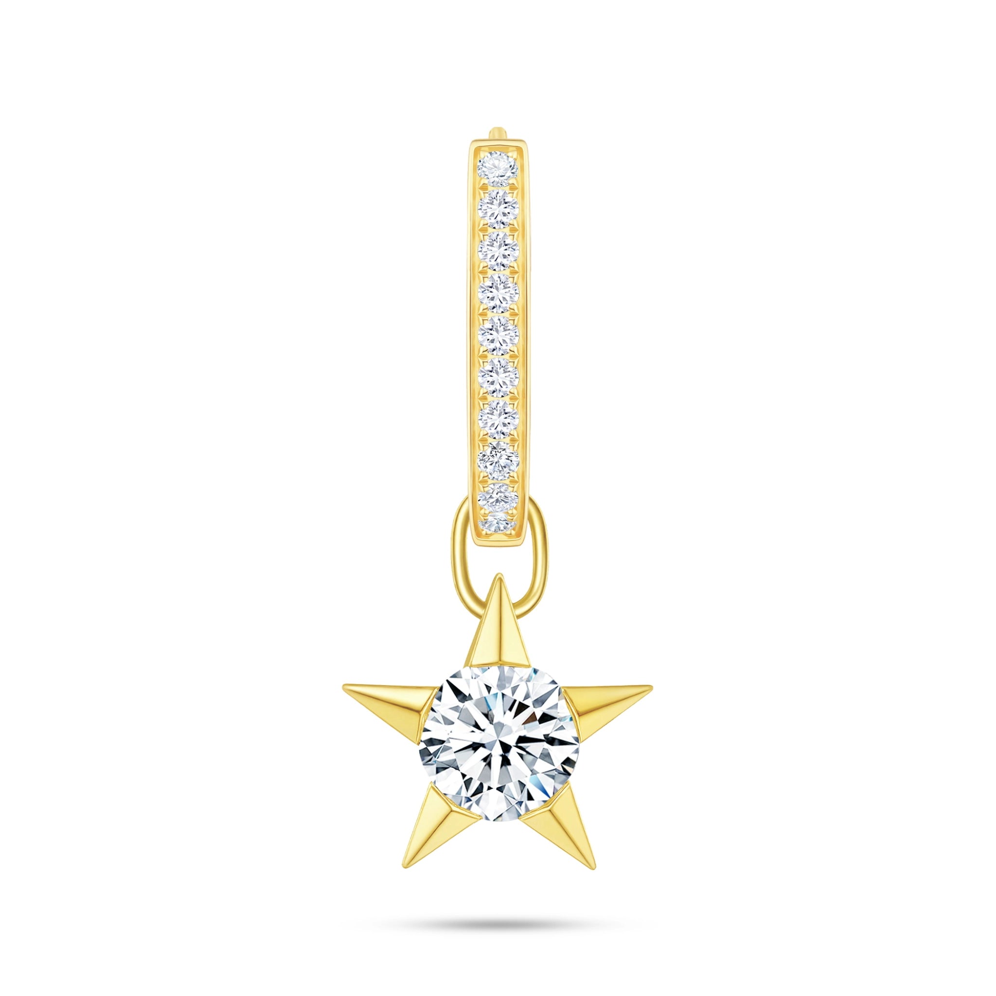 Front view of the J'ENCHANTE MOD small 18k gold pavé diamond star drop hoop earring, featuring a delicate hoop accented with a refined row of pavé-set lab-grown diamonds and a detachable star charm.